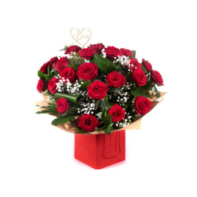 Ace of Hearts - Two dozen gorgeous red roses with a peppering of gyp and greenery.